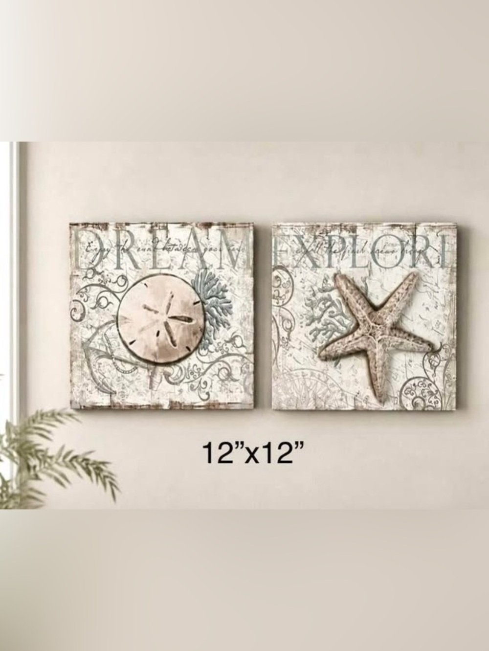 Coastal Beachy Dream & Explore Canvas Wall Art Set - Neutral Beige and White